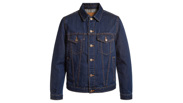 Dark blue denim trucker jacket with button closure and chest pockets