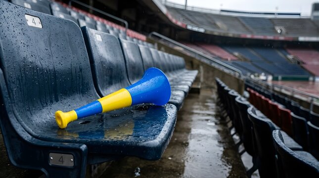 Blue and yellow stadium horn rests on a rainy bleacher during a game.