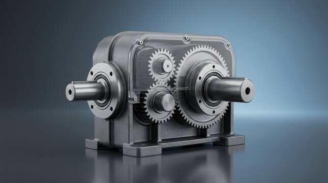 Industrial spur gearbox 3D render, precision spur gear reducer, parallel shaft transmission unit, torque multiplication gearbox assembly