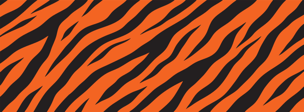 Seamless tiger fur pattern, orange and black animal print background. Vector illustration of wild animal skin texture.