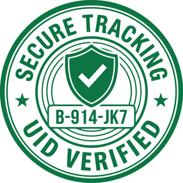 Secure tracking UID verified stamp with shield checkmark serial number and stars for product authenticity and supply chain security verification circular emblem.