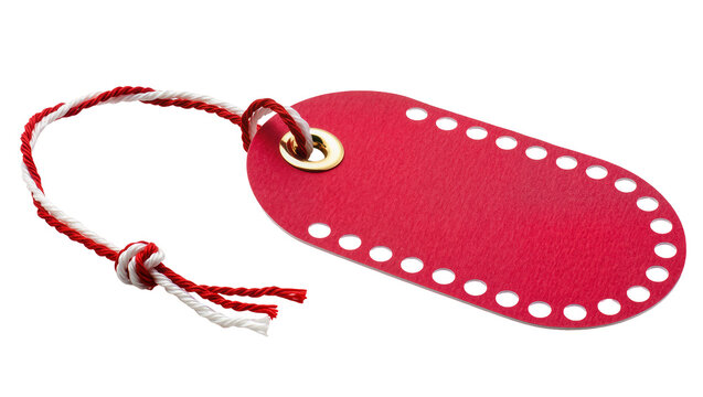 Red oval tag with eyelets and red white twine string