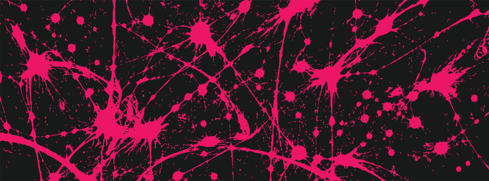 Dynamic abstract background featuring vibrant neon pink paint splatters, drips, and splashes against a solid dark black backdrop.