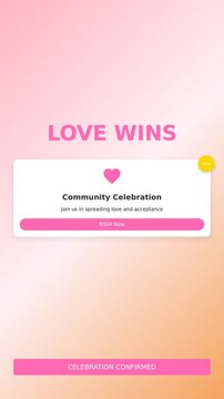 Love Wins celebration app interface with animated event card and RSVP button. Minimal flat motion graphics with rainbow gradient background and bold typography. Commercial UI animation