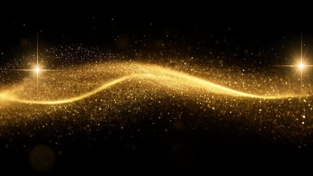 Abstract golden wave with glittering particle flow and bright sparkles on dark background creating luxury glowing effect and elegant atmosphere
