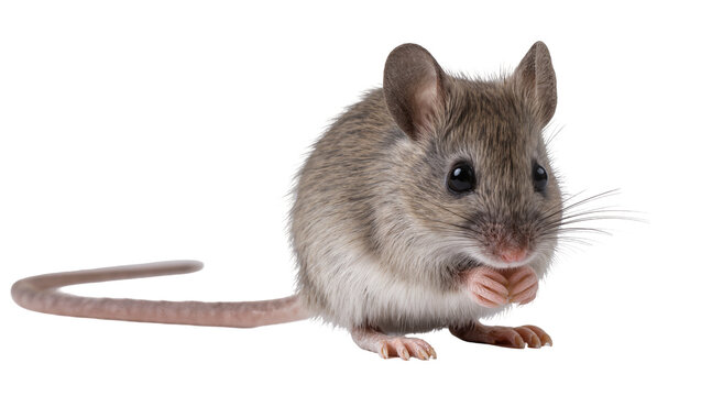 Small gray mouse with long tail sitting on white