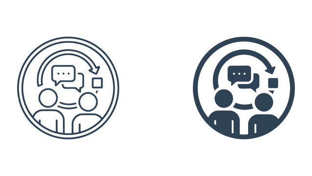 Circular business communication cycle icon featuring two people talking in a continuous loop for interpersonal dialogue and feedback loop representation in corporate training and HR management systems