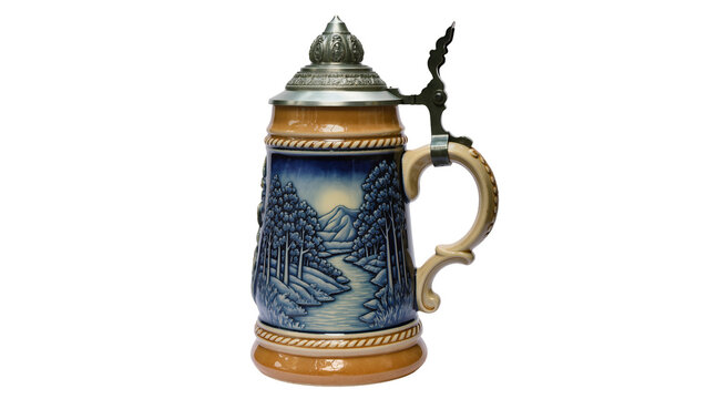 Ceramic beer stein with pewter lid and forest landscape scene