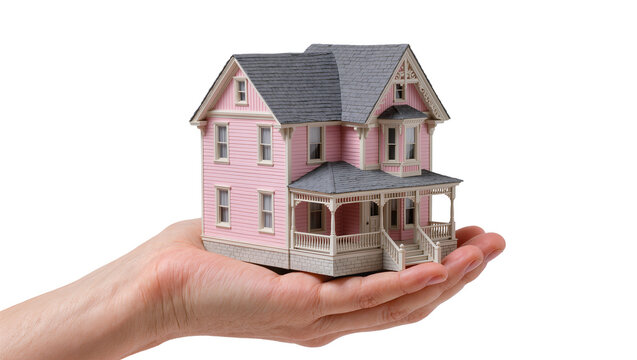 Pink Victorian dollhouse model held in hand