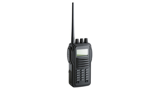 Black portable two-way radio transceiver with antenna and screen