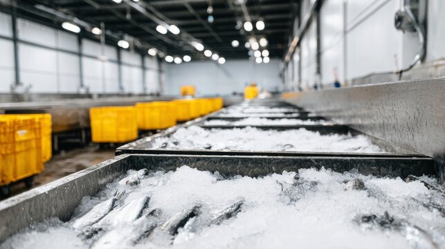 Fresh fish processing in an industrial seafood factory, workers preparing products for distribution and sale