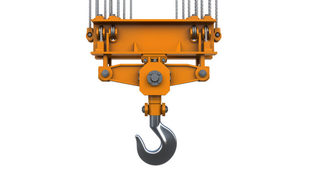 Orange industrial crane hook with steel cables