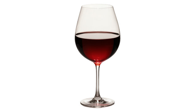 Red wine in a clear glass goblet on a white surface