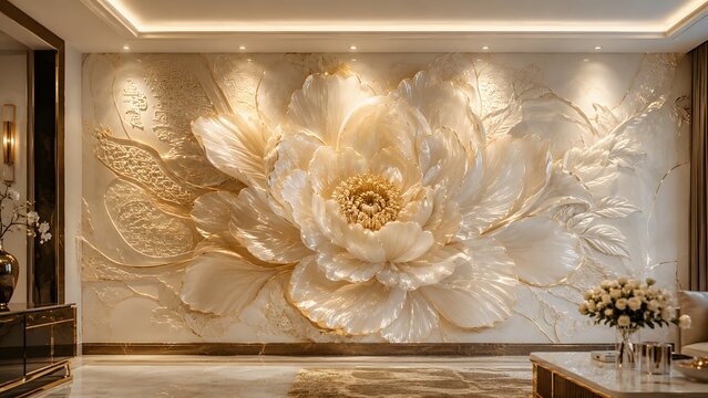 High resolution modern white living room featuring a massive 3D carved flower wall relief sculpture. Highly suitable for luxury design books and homeware web banners.