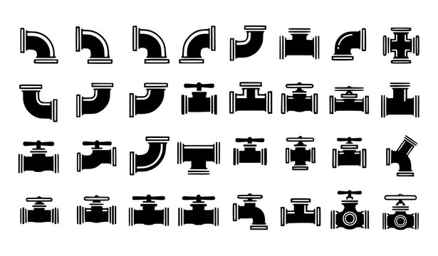 Black and white pipe fittings and valves icon set