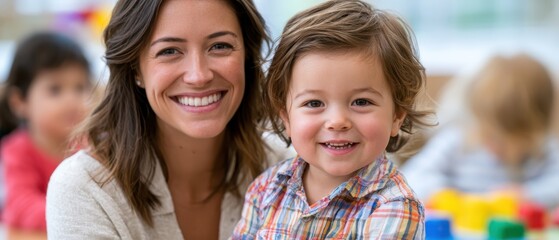 Obraz premium Smiling teacher with young child in classroom, childhood education support, happy learning environment, academic care, positive development.
