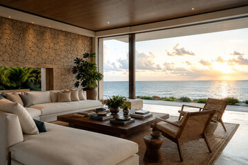 Fototapeta premium Luxury villa living room with large window showcasing ocean sunset view