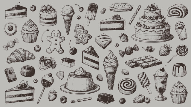 Hand drawn collection of various delicious desserts and sweet treats for bakery menu design