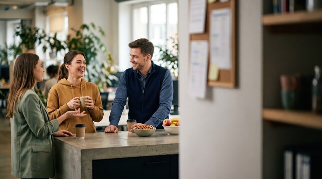 Generative AI, Three Business Colleagues Laughing Together During Coffee Break in Modern Office Kitchen