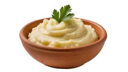 Creamy mashed potatoes swirled in terracotta bowl with parsley garnish © Lukas