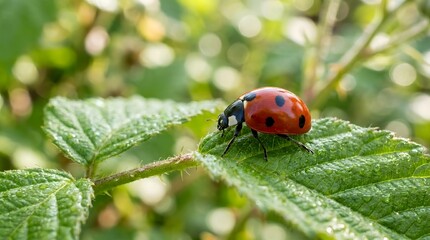 Fototapeta premium Ladybug on a green leaf with water droplets