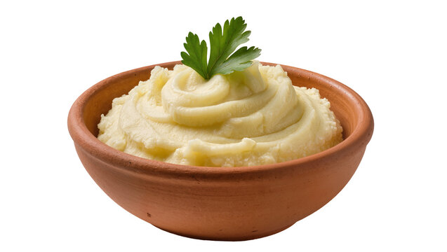 Creamy mashed potatoes swirled in terracotta bowl with parsley garnish