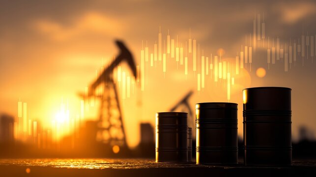 Oil barrels with pumpjacks at sunset visualizing global energy market trading and commodity prices