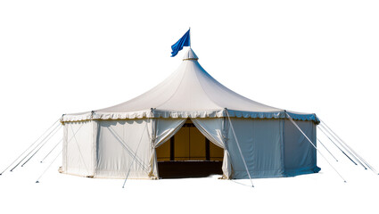 Large white circus tent with blue flag on top © Emma