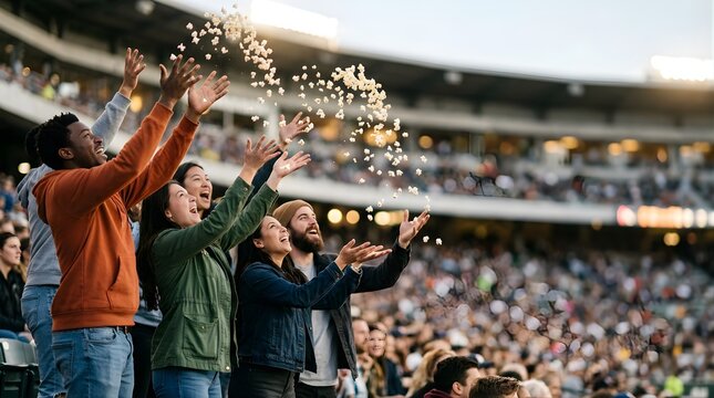 Excited diverse fans throwing popcorn celebrating at night football match