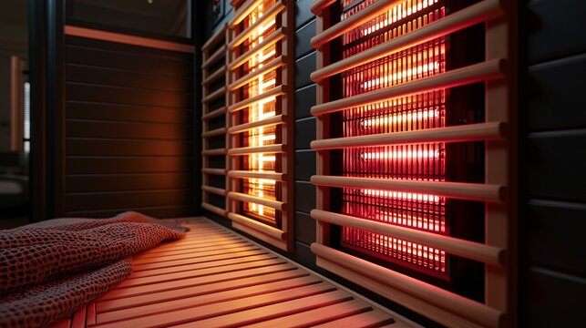 Modern infrared sauna interior featuring glowing orange heating elements and wooden slatted benches captured with a close up camera angle