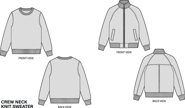 Fashion technical sketch of crew neck knit sweater and high neck raglan zip up jacket front and back view