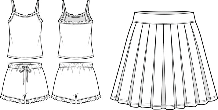 Fashion technical sketch of women ruffle camisole top with matching shorts set and high waisted pleated mini skirt