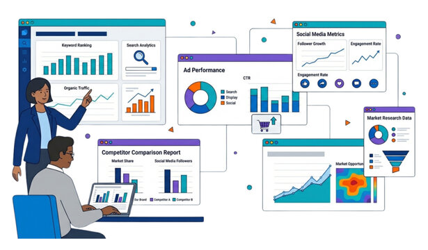 Competitor Analysis Tools Dashboard with SEO Metrics Traffic Monitoring and Market Research Vector Illustration