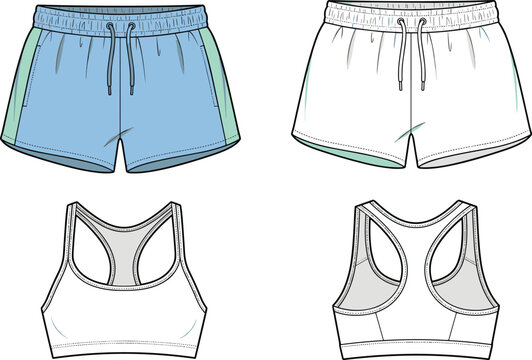 Fashion technical flat sketch vector template of women athletic shorts and racerback sports bra for activewear design mockup