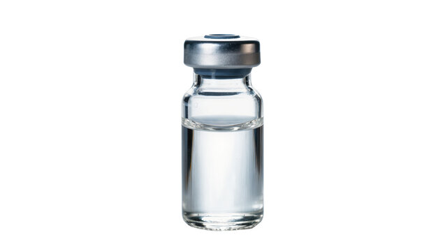 Clear liquid in a glass medical vial with silver cap, isolated on transparent background
