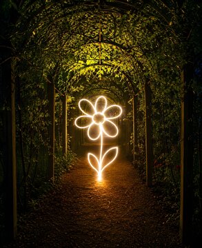 A shining flower path at night