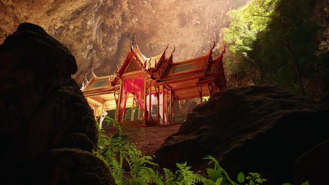 Tourist traveler in Phraya Nakhon Cave with sunlight, Adventure trip in Thailand, Landmark Royal pavilion.