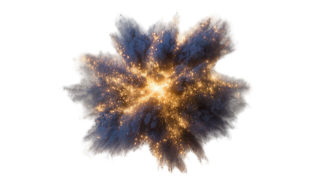 Explosion of dark blue smoke and bright golden sparks, isolated on transparent background
