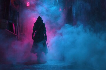 Fototapeta premium Mysterious female assassin advancing through smoky urban alley in a dramatic fantasy illustration