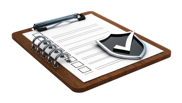 Clipboard with checklist and security shield icon