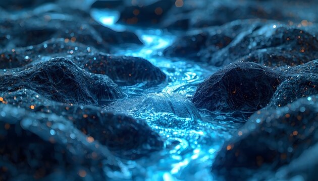 Abstract digital river of glowing data flowing through dark textured terrain representing artificial intelligence networks and futuristic cybernetic connectivity
