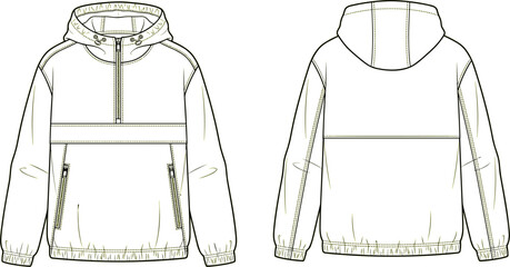Fashion technical sketch template of a hooded anorak windbreaker jacket showing front and back views for manufacturing blueprint © MdRobiul