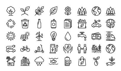 Fototapeta premium Eco friendly line icons set sustainability renewable energy and environmental concepts