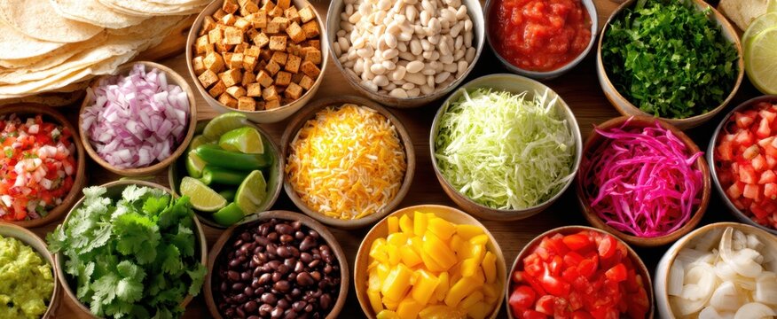 Vibrant mexican taco toppings bar with fresh salsas beans cheese tortillas and garnishes for menu recipe and party background