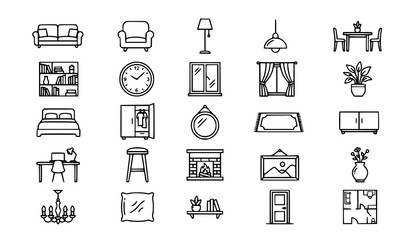 Fototapeta premium Home interior design elements line icons set furniture decor and fixtures