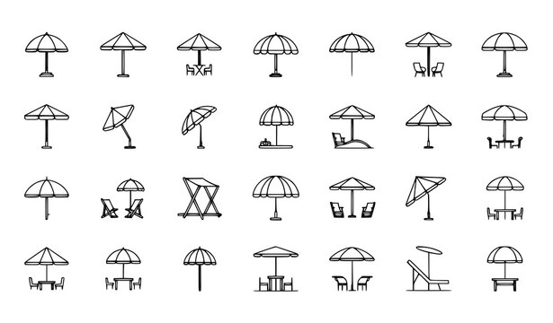 Collection of patio umbrella line icons and illustrations