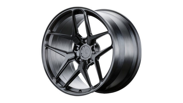 Glossy black five-spoke alloy wheel rim, isolated on transparent background