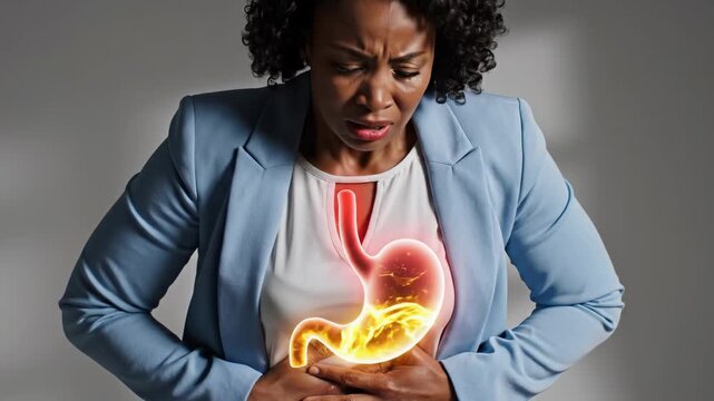 Uncomfortable stomach pain, experiencing heartburn and digestive issues, signifying potential gastritis or an ulcer, showing discomfort