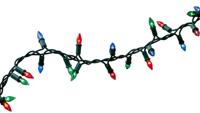 String of colorful Christmas lights with red green, and blue bulbs
