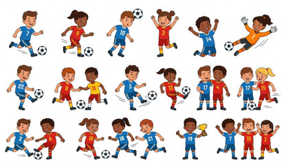 Fototapeta premium Cartoon children playing soccer in various poses
